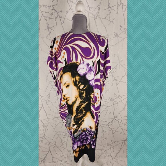 Batik Sumi Purple Artsy Swirl Print Kaftan Dress Beach Vacation - Picture 3 of 4